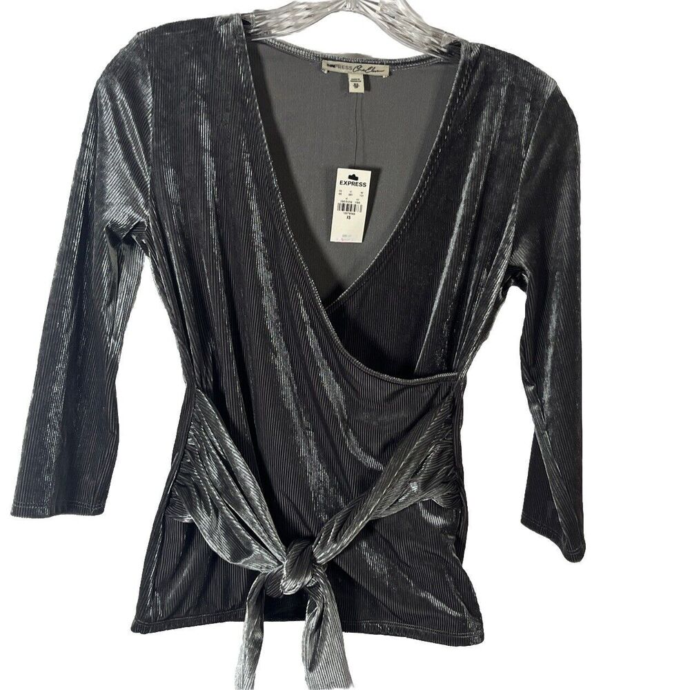 XS Express One Eleven Grey Ribbed Velvet Tie Front Women Blouse Polyester/spande